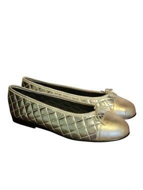 French Sole FS/NY Silver Quilted Gold Toe Passport Leather Ballet Flats 40 US 9